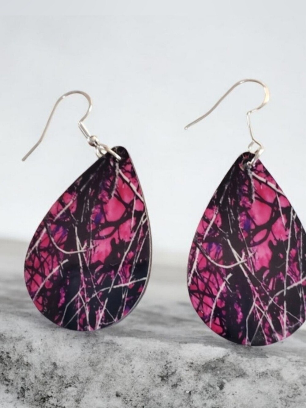 Pink Camo Print Teardrop Earrings